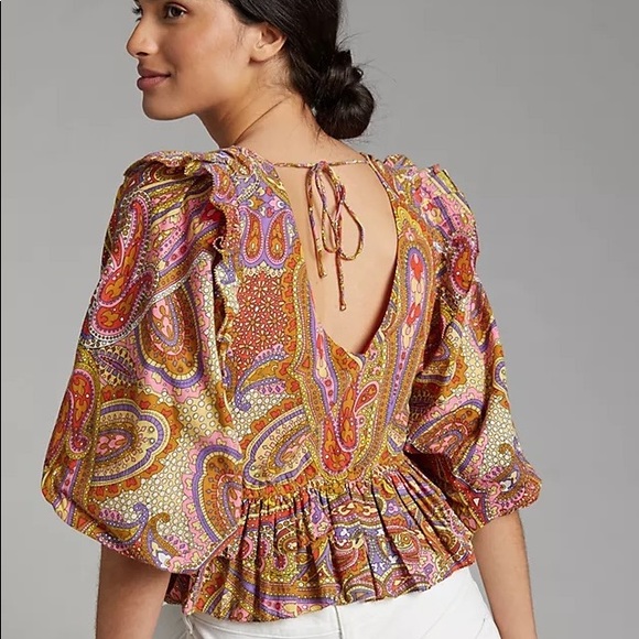 ✨ Anthropologie Ruffled Abstract Blouse Sz L - Picture 4 of 6